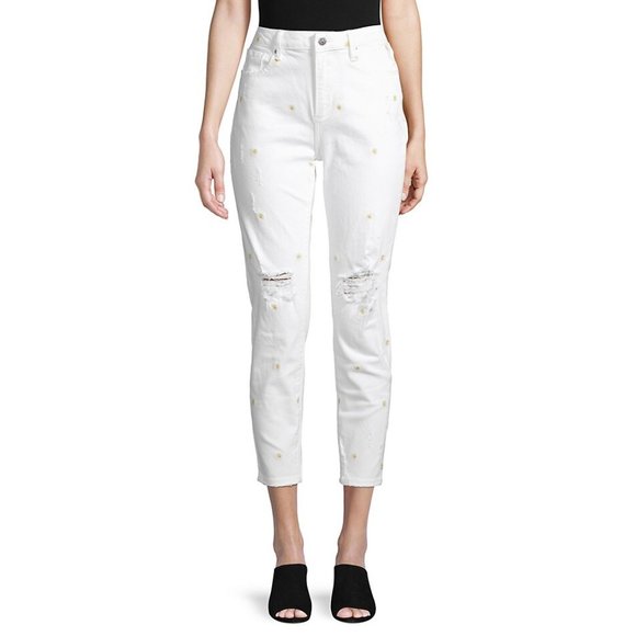 NEW Driftwood Women Embroidered Floral Daisy Distressed Crop Ankle Ripped Pants - Picture 2 of 6